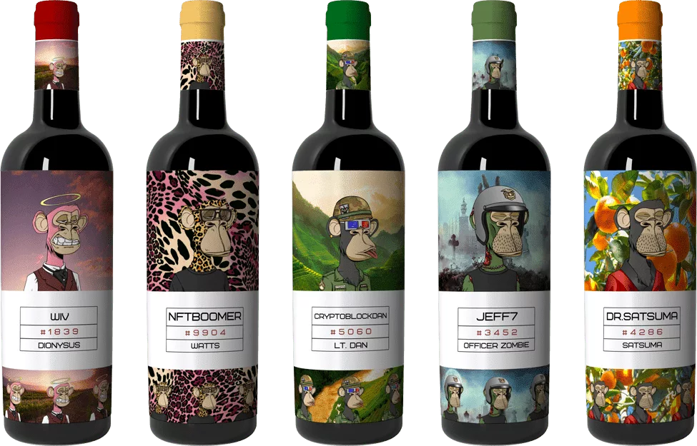 NFT fine wine bottles featuring BAYC personalities