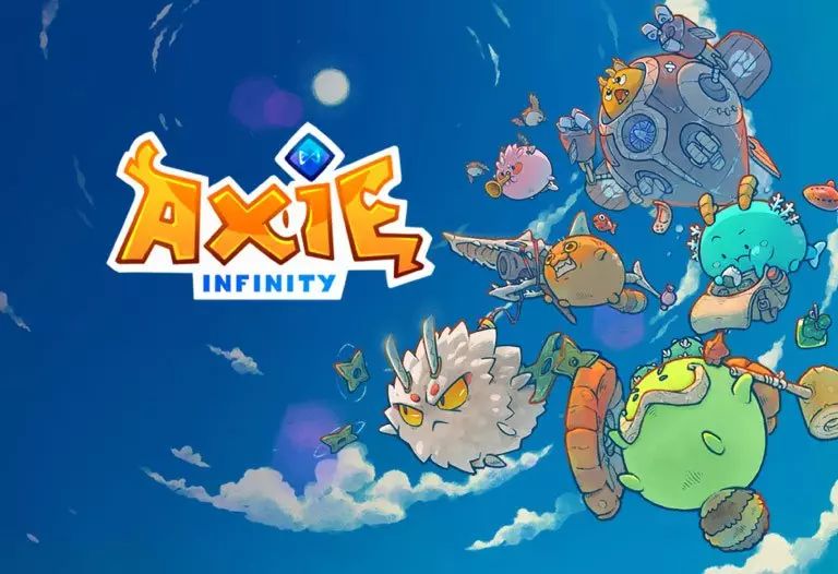 Axie Infinity logo with examples of characters in background