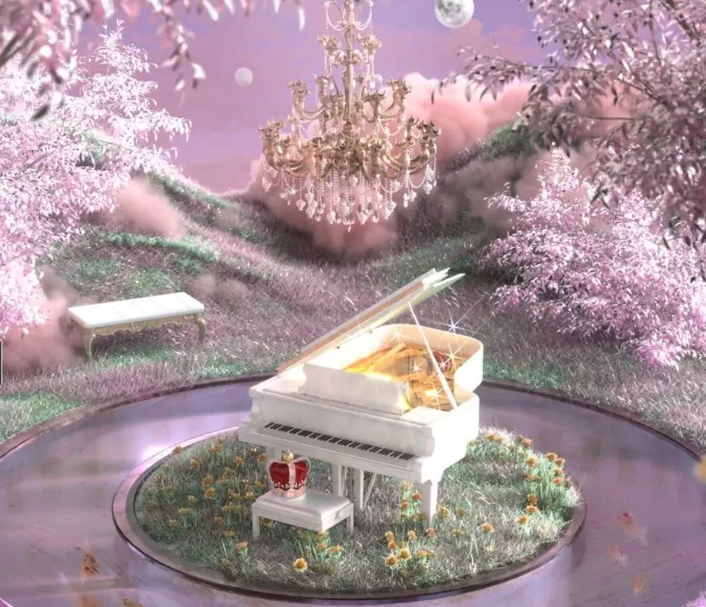 NFT digital artwork in honor of Freddie Mercury showing a piano, a crown and a river