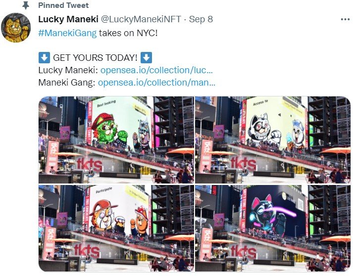Screenshot of the New York Time Square billboard showing Lucky Maneki Gang NFTs ad via Twitter