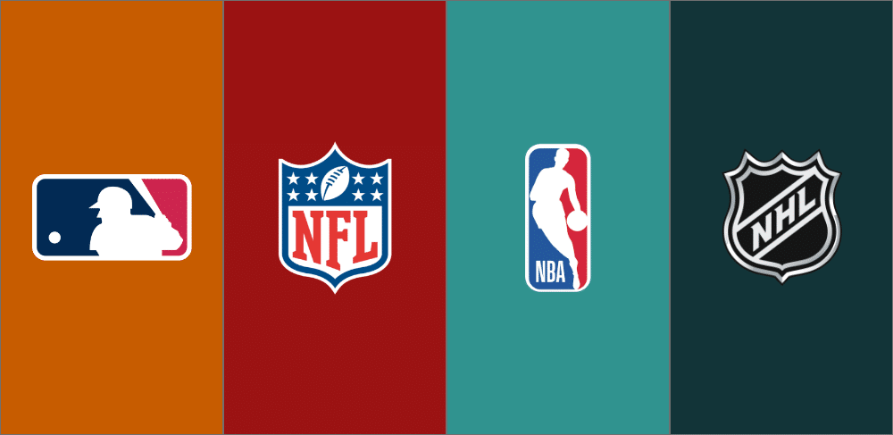 An image displaying four of the pro sports leagues logos in America. They include NFL, NBA, NHL and MBL.