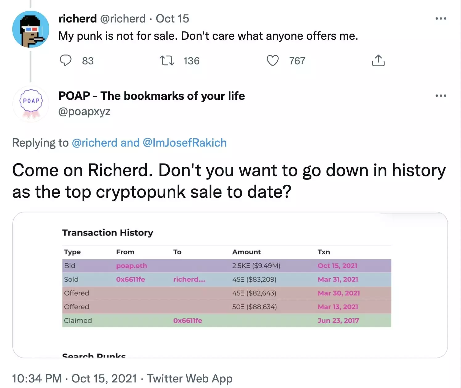 Tweet on CryptoPunk NFT