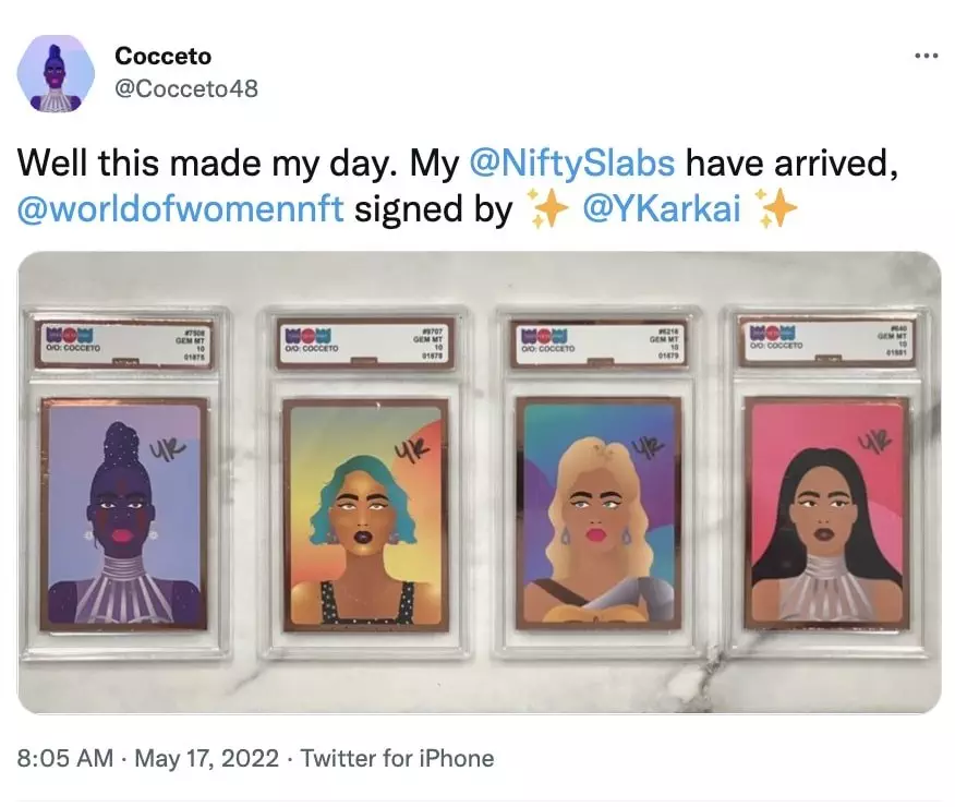 Nifty Slabs crypto art display featuring world of women NFTs