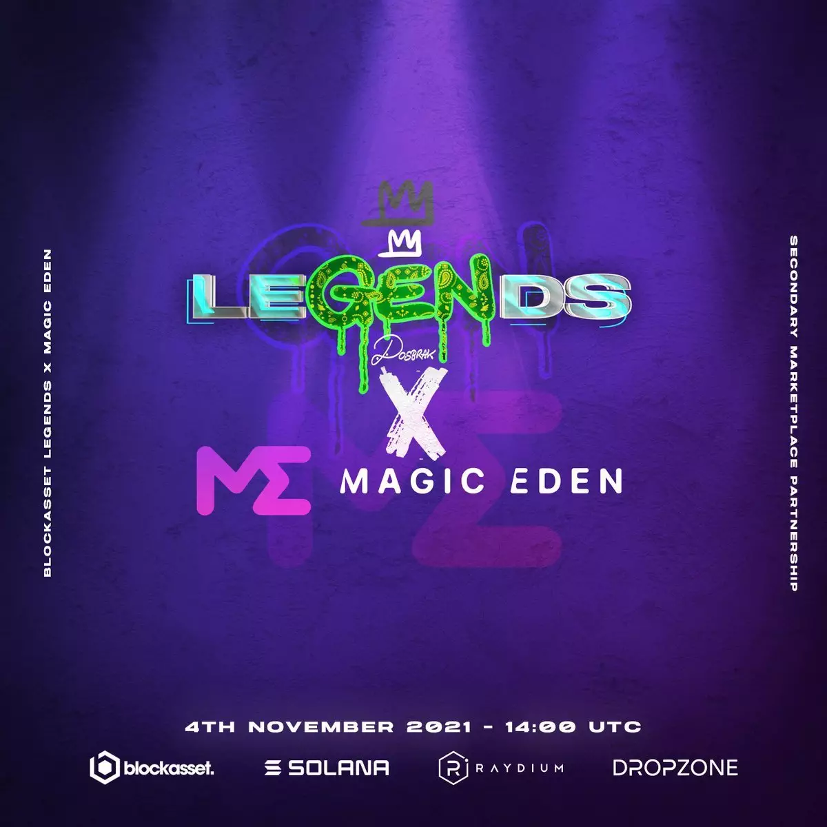 Image displaying advert for Blockasset LeGENds NFT drop. It has a purple background and also has Magio Eden written below.
