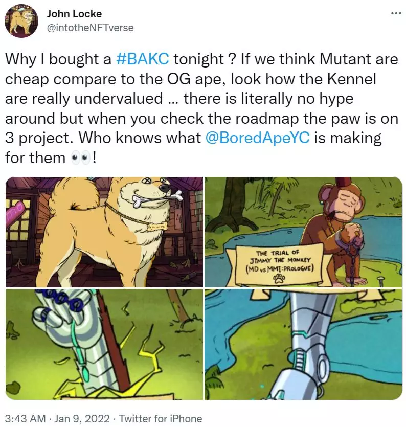 screenshot of a Bored Ape Kennel Club message via Twitter