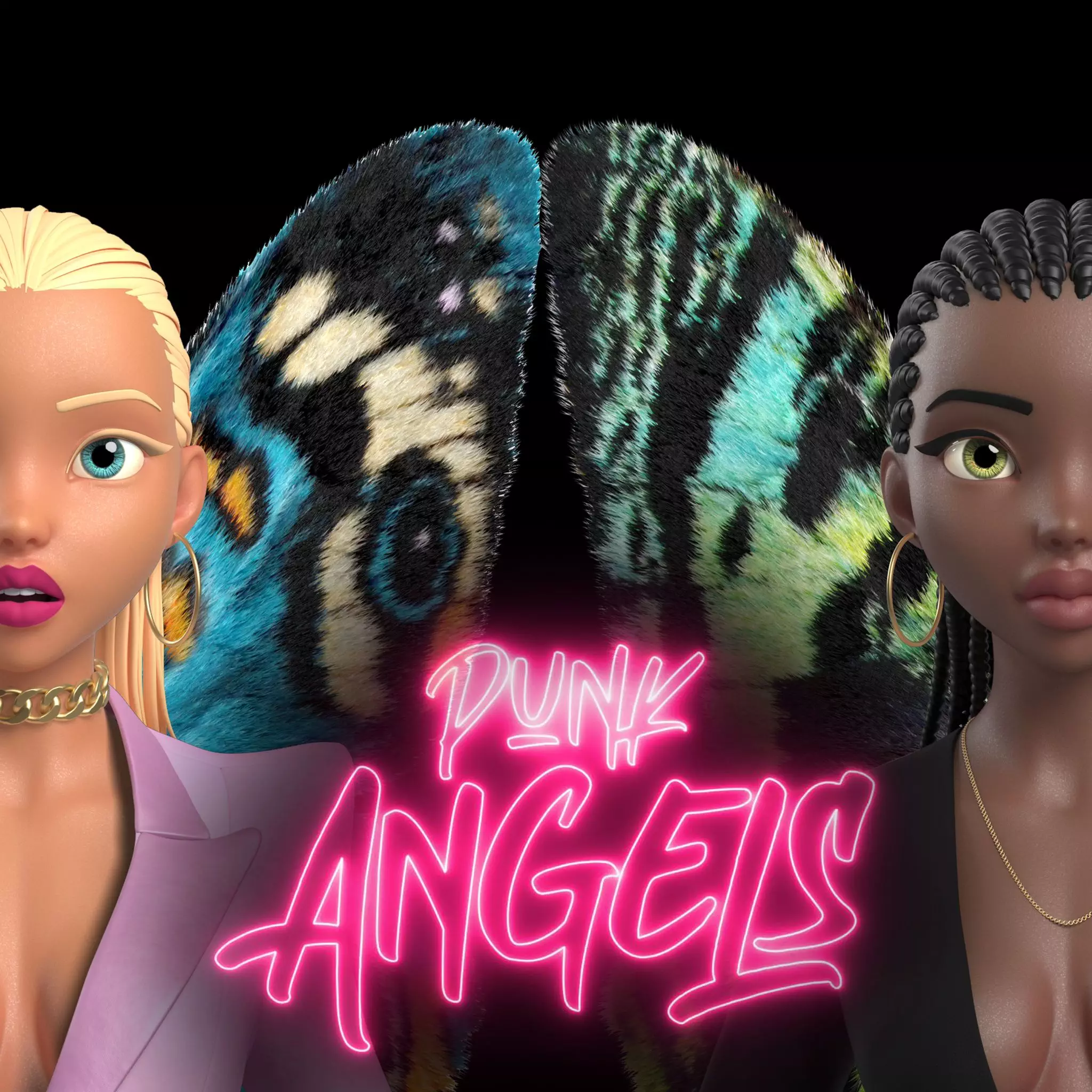 Two female NFTs with butterfly wings in the Punk Angels NFT collection
