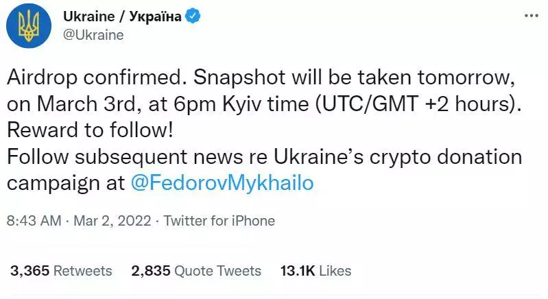 screenshot of an official crypto token airdrop announcement posted by the Ukraine Twitter account