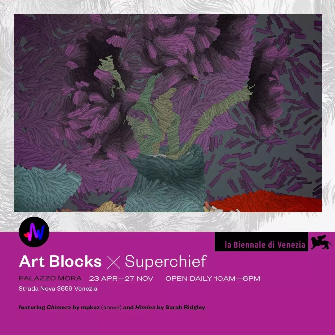 A poster featuring a generative artwork by mpkoz in an exhibit in collaboration with SuperchiefNFT
