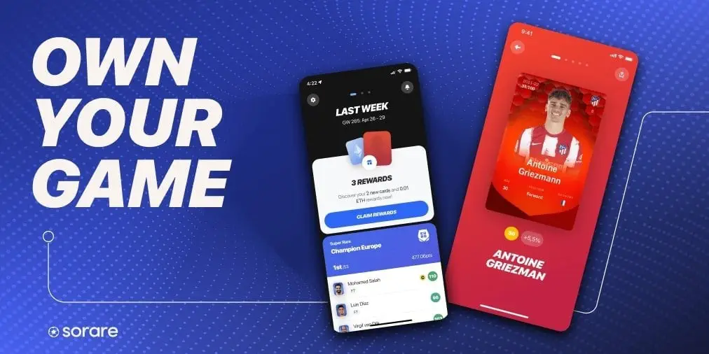 Two mobile phones showing fantasy game Sorare