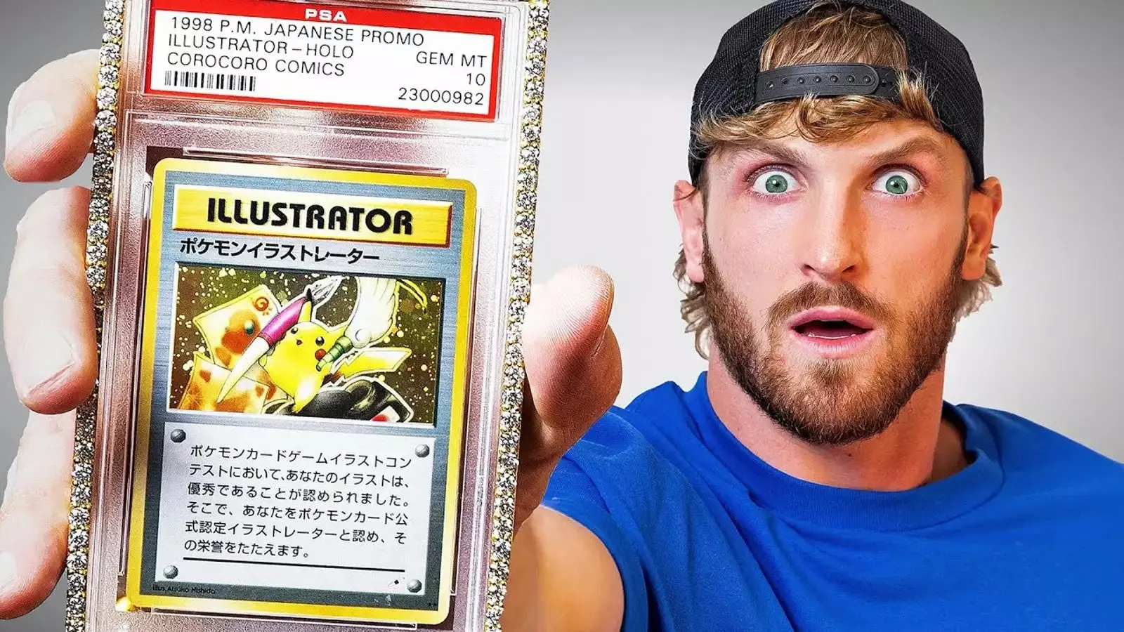 Logan Paul holding a rare Pokemon trading card