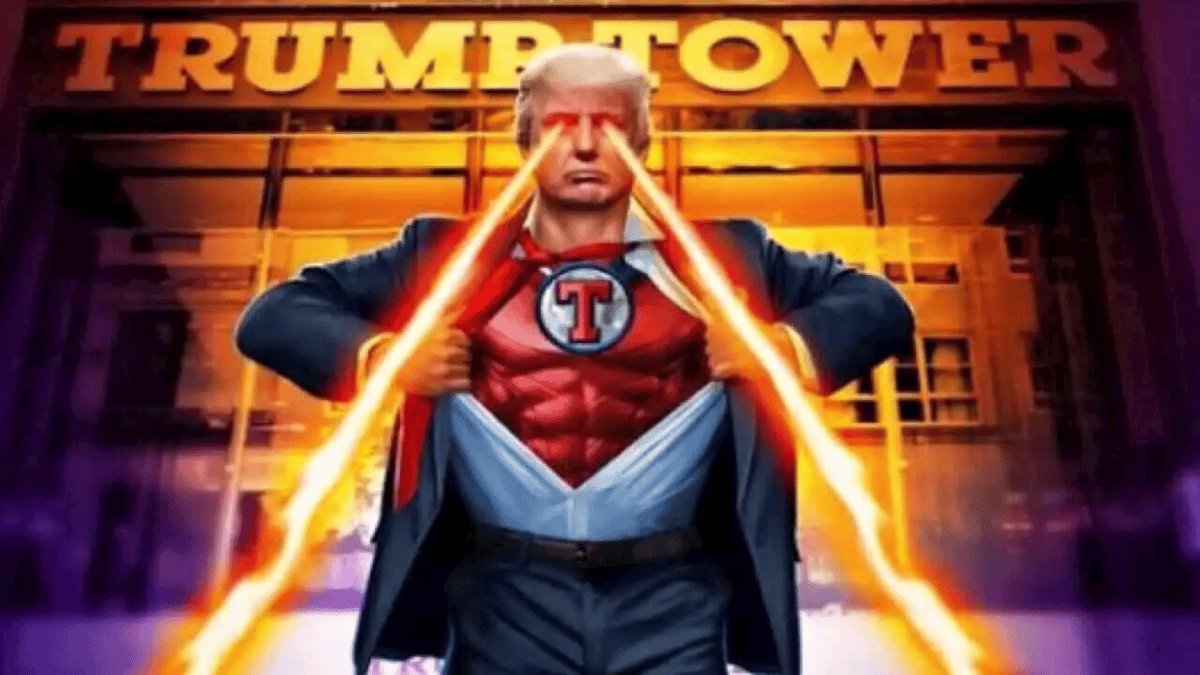 An example of an image from the Donald Trump NFT collection. Donald Trump is tearing up a black suit to reveal a superhero costume underneath with a "T" sign on his chest.