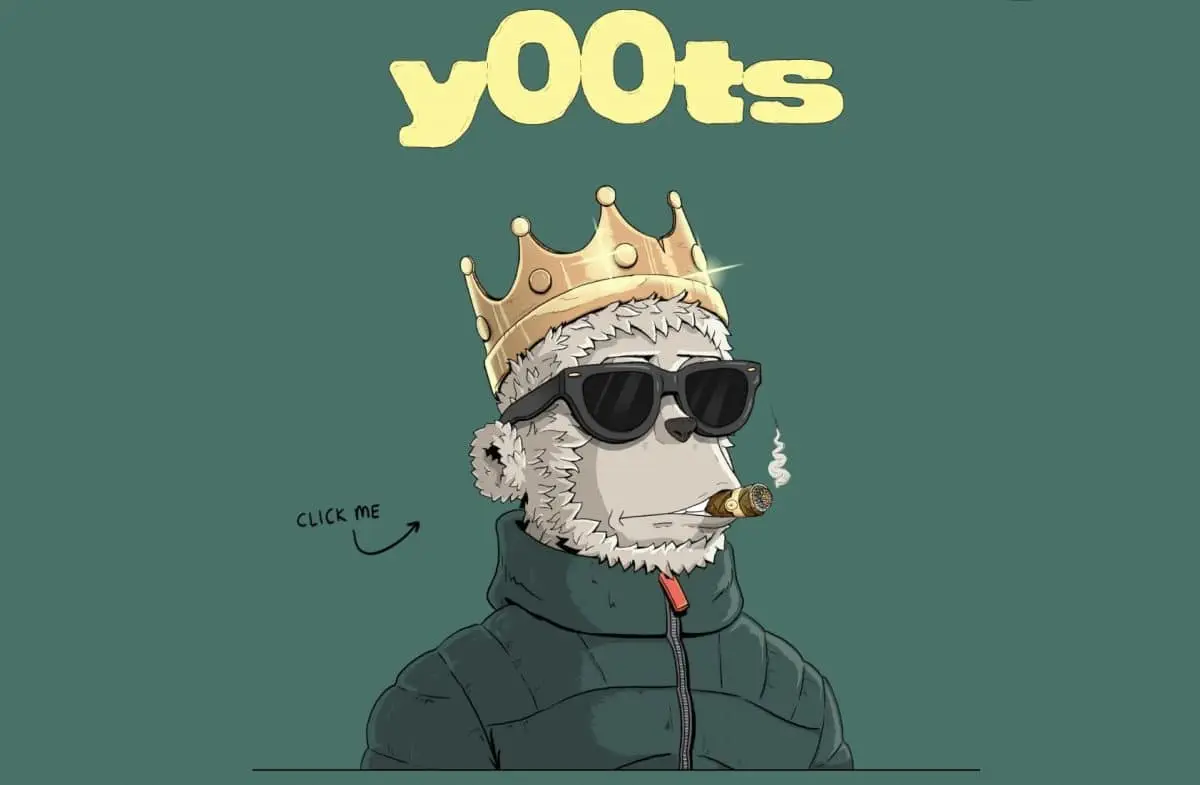 A y00ts is pictured wearing a crown, sunglasses, and with a cigar in its mouth.