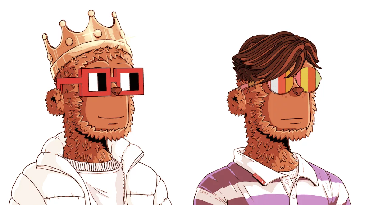 Two y00ts stand side by side in support of the Y00ts polygon migration. The y00ts on the left is tan with a white shirt and white jacket. They are wearing red nouns glasses and a crown. The y00t on the right is also tan with a purple and white polo shirt. They are wearing multicolor glasses with cropped brown hair.
