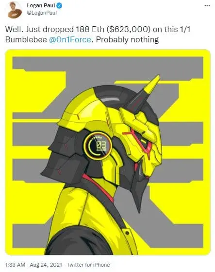 Logan Paul's tweet on On1 Force NFT collection