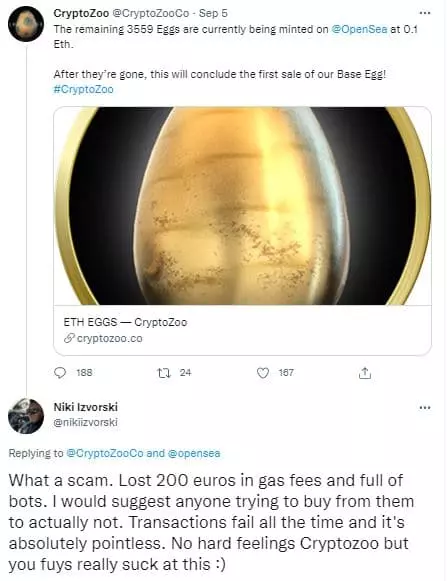 Niki Izvorski's tweet on twitter calling Logan Paul's CryptoZoo a scam failed transactions