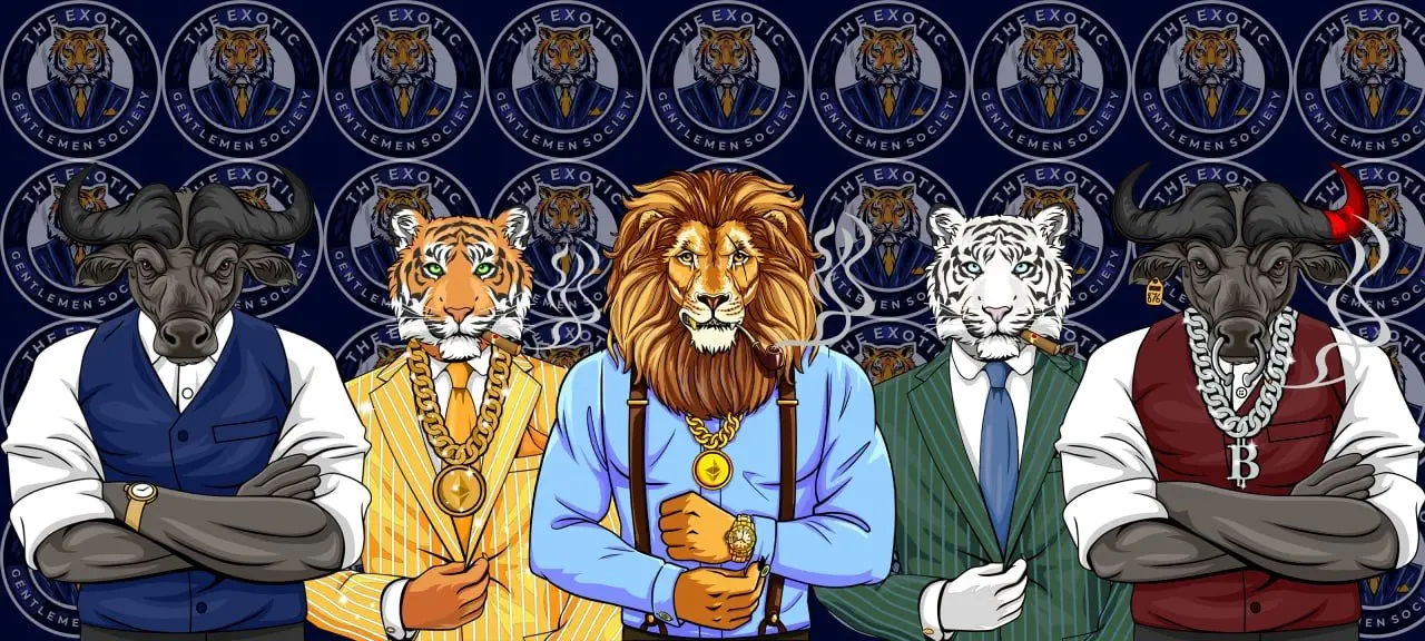 Image featuring five NFT avatars from the Exotic Gentlemen Society collection