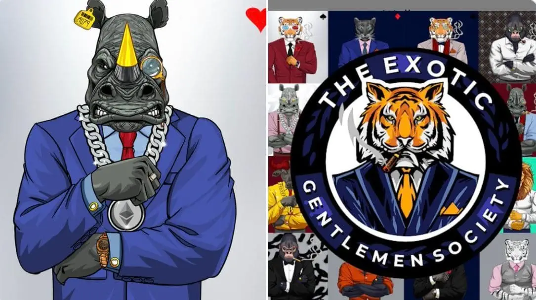 Image featuring one Exotic Gentlemen Soceity NFT alongside the collection logo