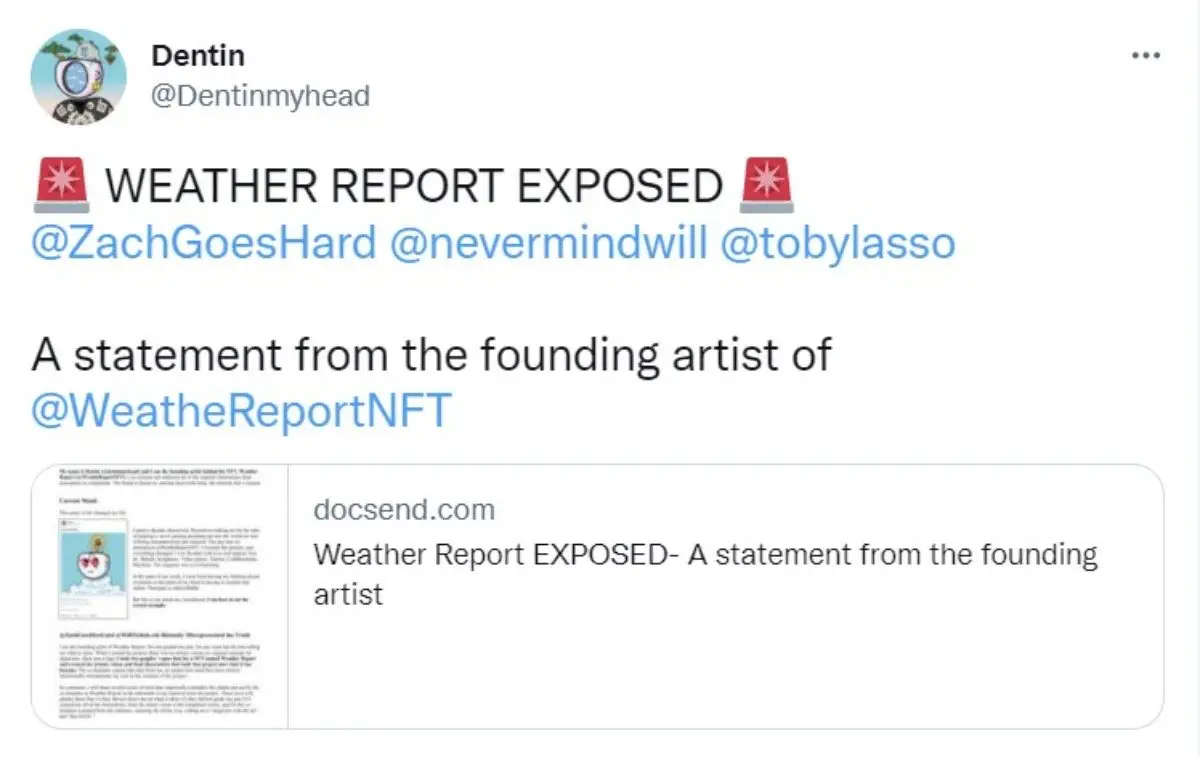 Weather Report NFT artist Dentin tweets