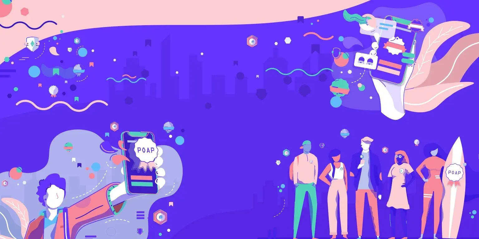 Illustrated POAP graphic featuring cartoon man holding up a phone