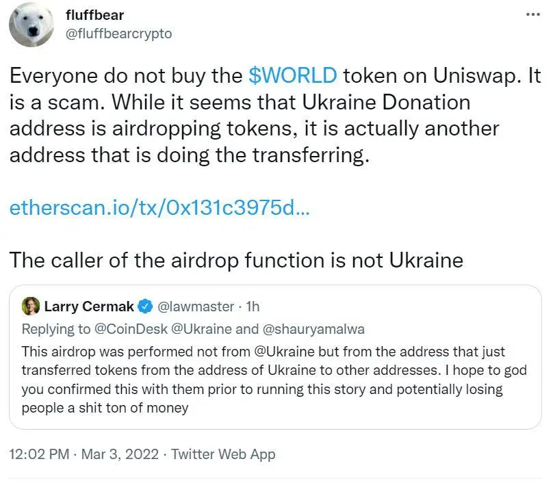 screenshot of a crypto scam message via Twitter