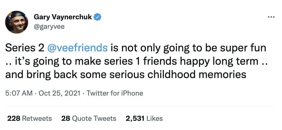 Gary Vee's tweet on VeeFriends Series 2 NFT
