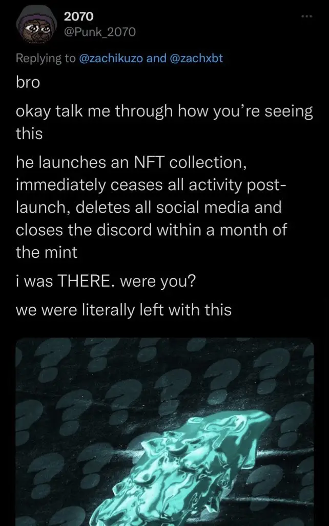 The picture shows a tweet about the Azuki NFT founder rugpull issue and Tendies rug pull accusation