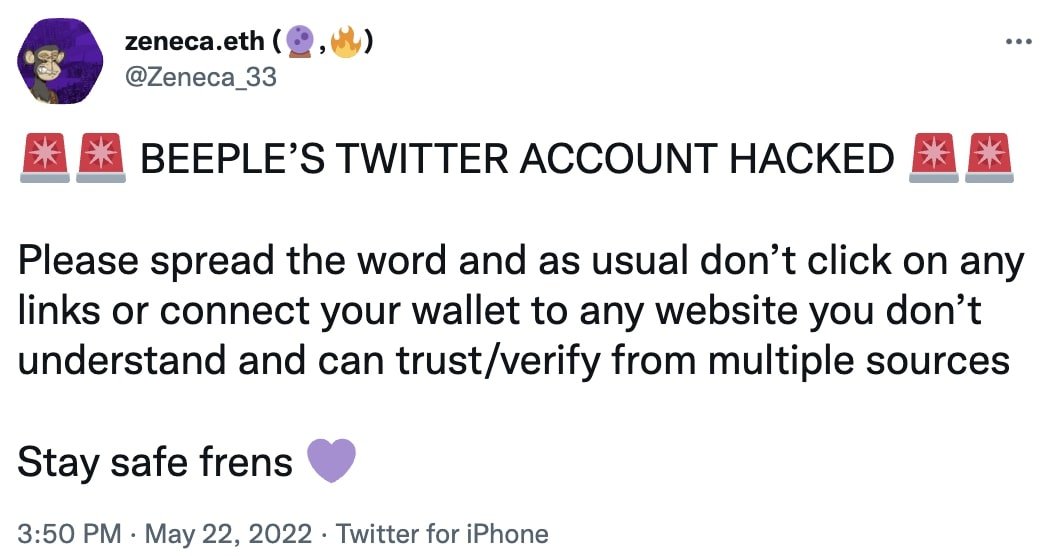 Zeneca's tweet on Beeple's twitter hack