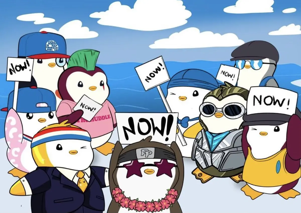 A group of cartoon penguins hold signs while floating on an iceberg.