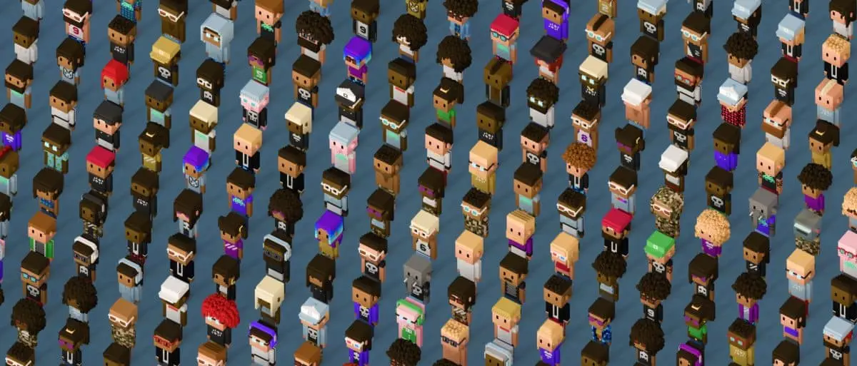 A group of cartoon characters called Meebits stand in rows in front of a dark blue background.