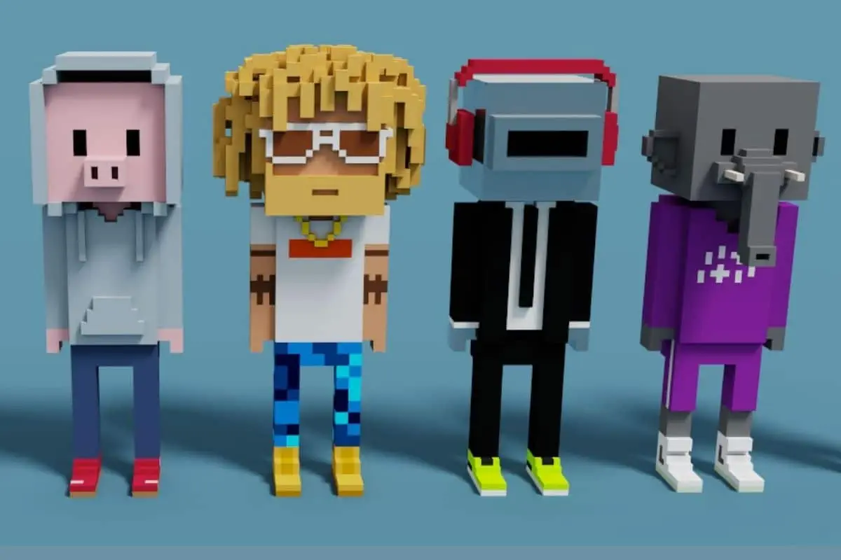 Four cartoon characters called Meebits stand side by side in front of a blue background.