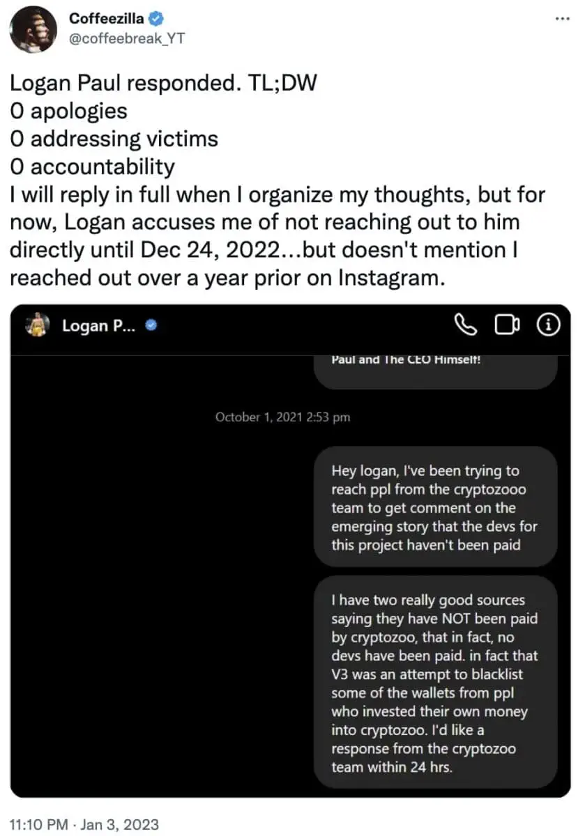 CoffeeZilla's tweet