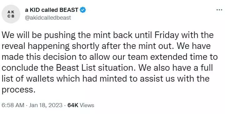 screenshot of a Twitter announcement by a KID called BEAST NFT projct