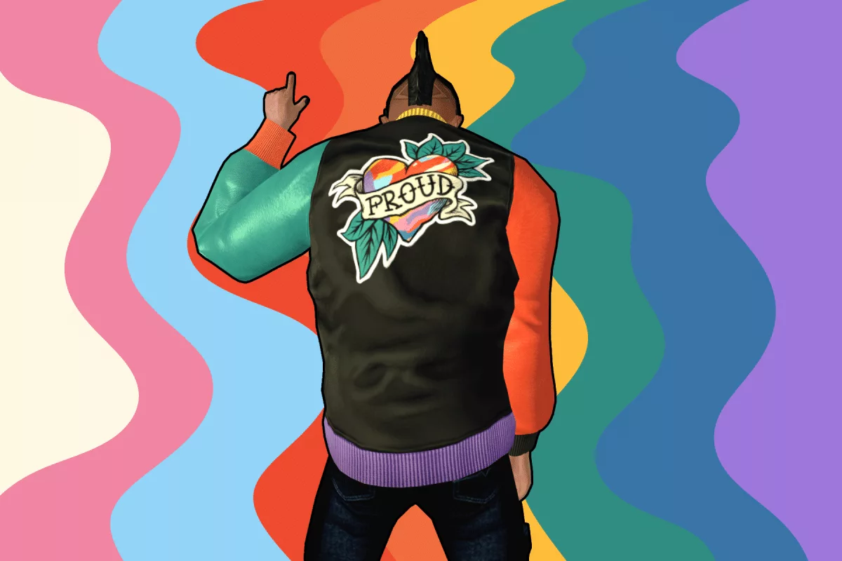 A dancing avatar with a rainbow background.
