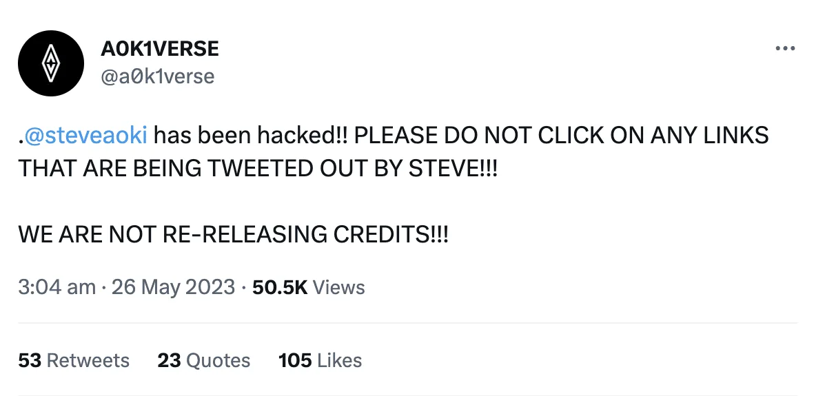 A0K1VERSE Tweet during the hack